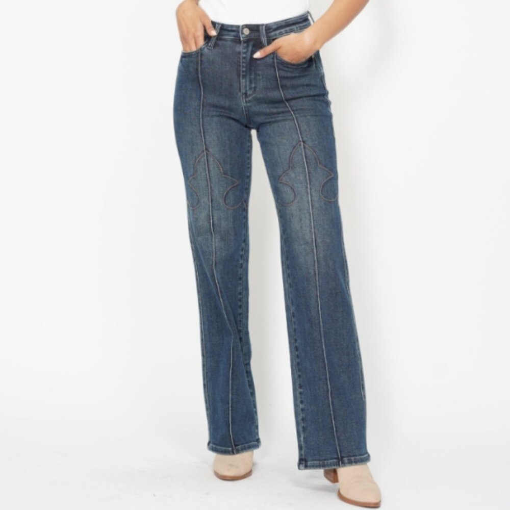 JUDY BLUE Dark Wash Embroidered Detail Jeans